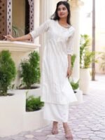 White Woven Design Cotton Kurta - Image 2
