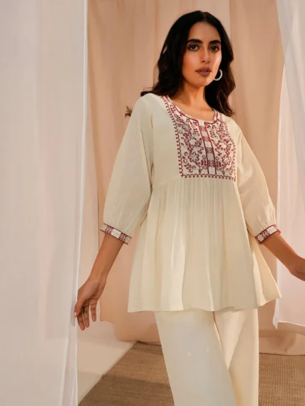 Off White Yoke Design Cotton A-Line Kurti