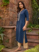 Blue Woven Design Cotton Straight Kurta - Image 2