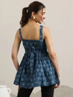 Blue Printed Cotton Anarkali Kurti - Image 4