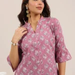 Mauve Printed Cotton Straight Short Kurti