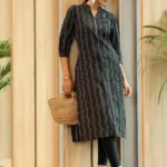 Black Woven Design Cotton Straight Kurta
