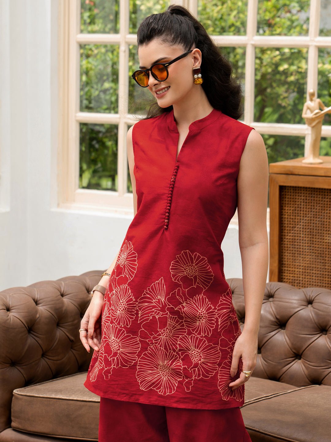 Red printed cotton coordinated set