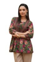 Short Kurti for Women, Floral Print, Green and Pink, 3/4 Sleeves, Casual Ethnic Top