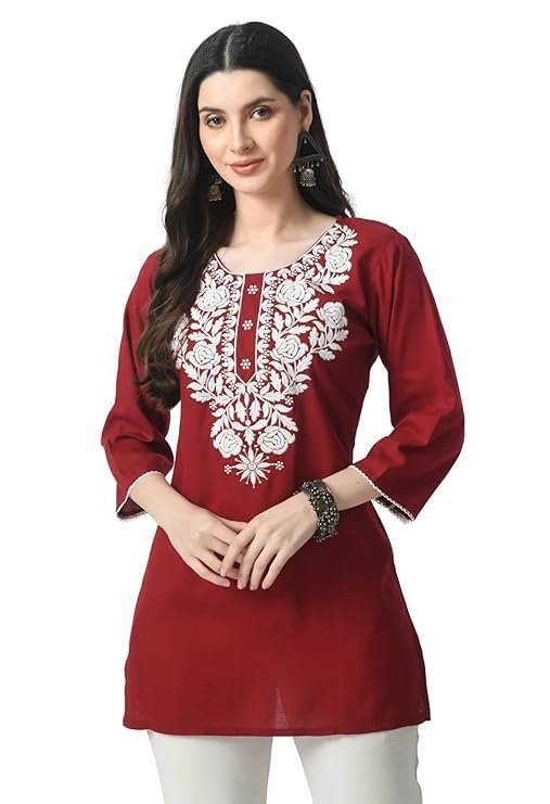 51qmOm-oE7L.jpg Rayon Short Kurta for Women Lakhnavi Chikankari Embroidered Ladies Kurti, Stylish Girls Top - Image 1