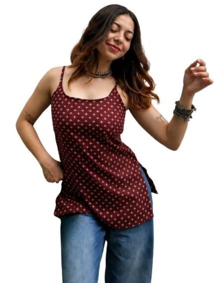 Cotton Maroon Printed Shoulder Strap Camisole Short Kurti for Women | Sleeveless Square Neck Tunic Top | Casual Summer Wear Cotton Kurta for Women