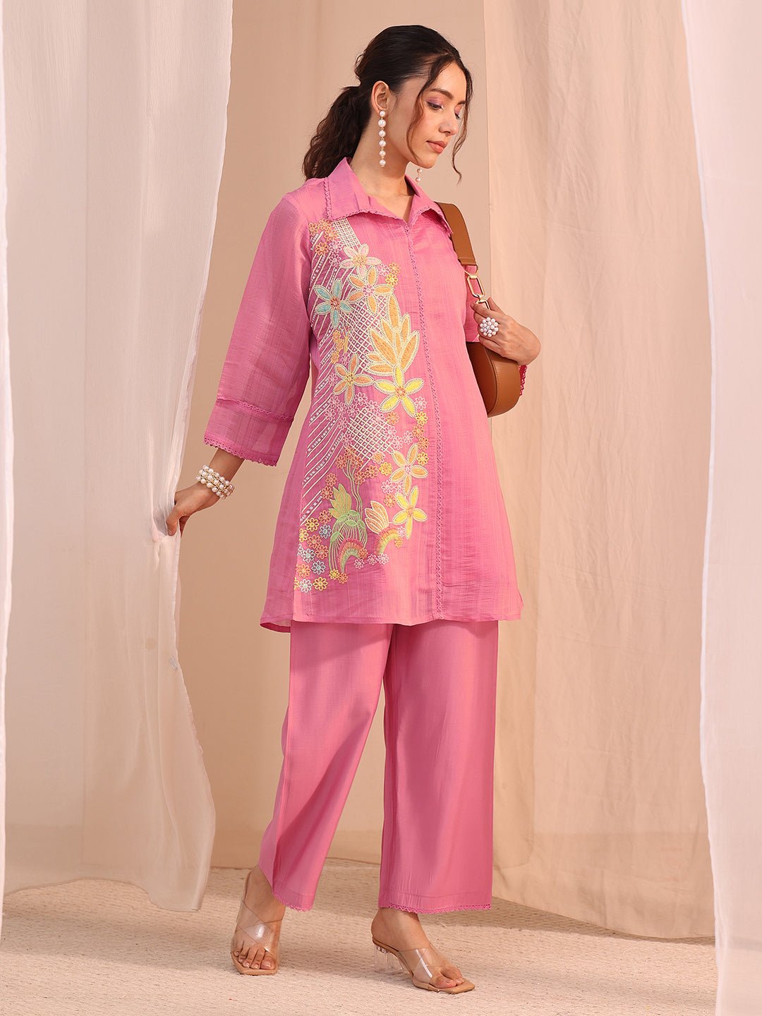 Pink embroidered cotton coordinated set