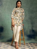Beige Printed Silk Blend A-Line Kurti - Image 2