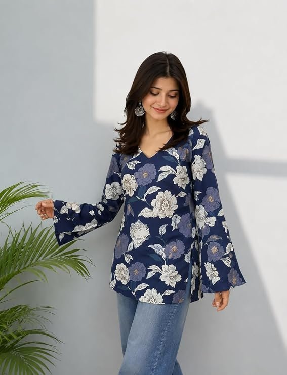 Floral printed V-neck short kurti