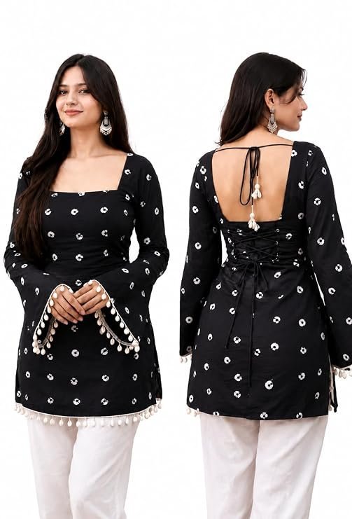 61QB7lNAUL._SY741_.jpg Women's Rayon Printed Short Kurti | Square Neck | Bell Sleeves | Lace-Up Back Design with Pom Pom Lace | Casual Ethnic Top for Daily Office College Wear - Image 1