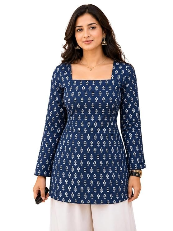 71JRISRqUoL._SY741_.jpg Women's Square Neck Short Kurti for Women | Full Sleeve Floral Printed Casual Kurti | Stylish Cotton Blend Kurti Top for Jeans | Ethnic Wear for Daily, Office & Casual - Image 1