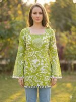 Women's Premium Viscose Rayon Floral Printed Short Kurti | Stylish Bell Sleeves with Pom-Pom Lace | Tunic Top for Jeans & Office Wear