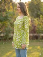 Women's Premium Viscose Rayon Floral Printed Short Kurti | Stylish Bell Sleeves with Pom-Pom Lace | Tunic Top for Jeans & Office Wear - Image 2