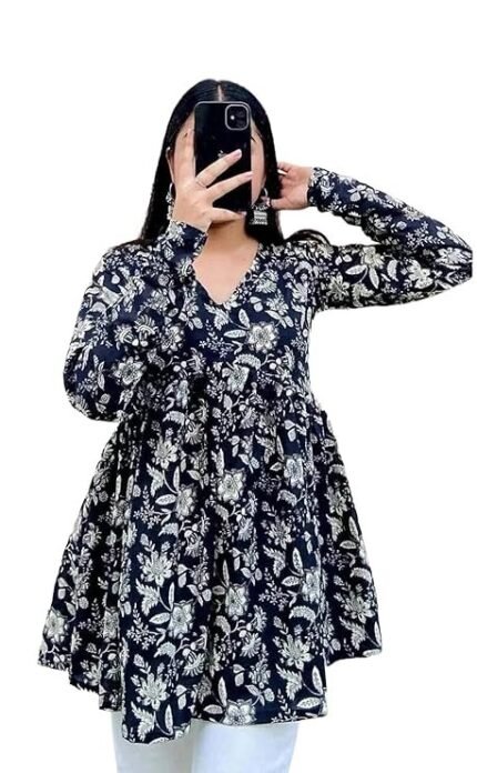 Women’s Gathered Floral Short Kurti | Printed Rayon Top | Length 28 Inch Stylish Casual Kurta for Girls & Women