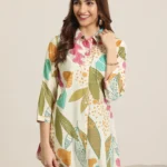 Beige Printed Silk Blend Straight Short Kurti