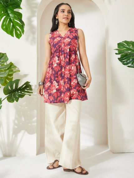 Wine Pure Cotton Floral Printed Gathered Short Kurti