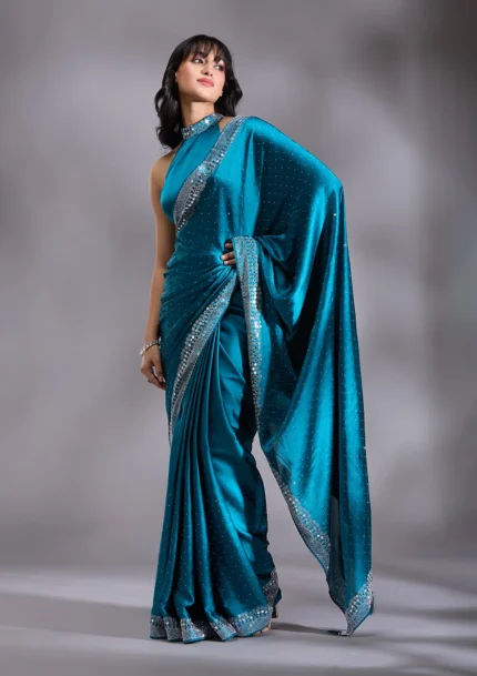 Peacock Blue Silver Stonework Satin Saree