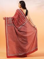 Handprinted Ajrakh On Cotton Red Saree With Running Blouse - Image 2