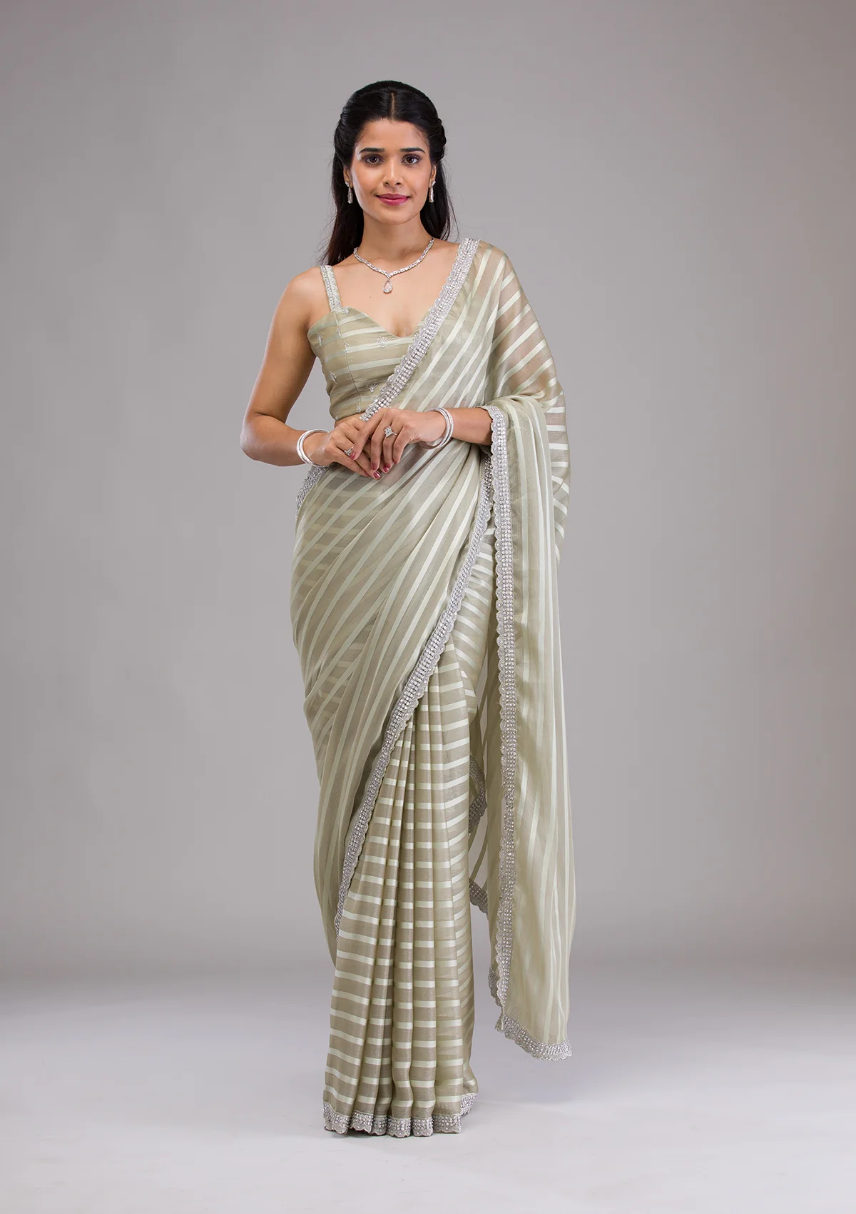 Pista Green Stonework Semi Crepe Saree - Image 3