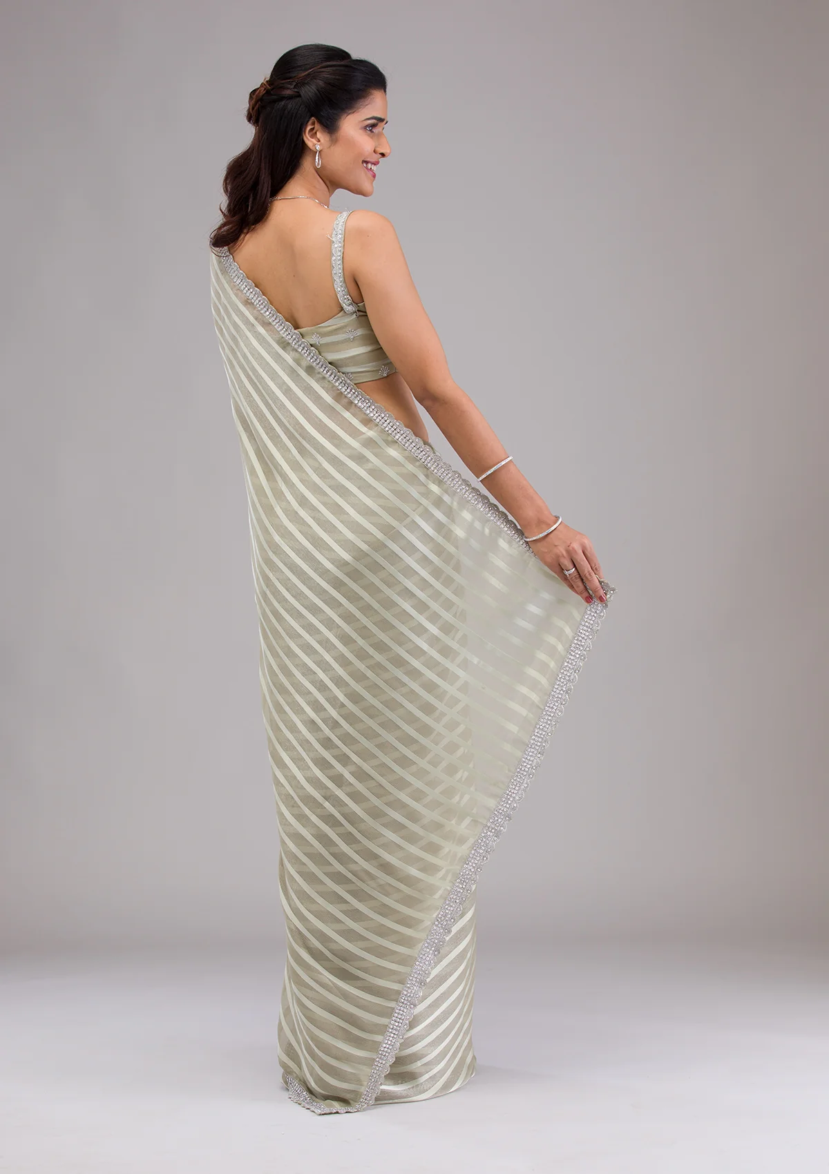 Pista Green Stonework Semi Crepe Saree - Image 2