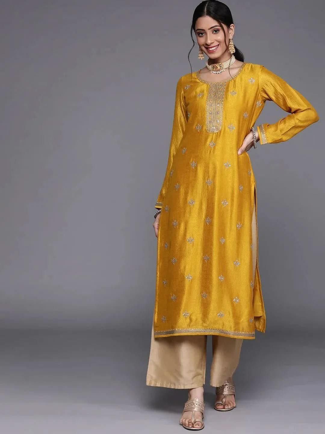 Yellow embellished silk kurta from the ethnic collection